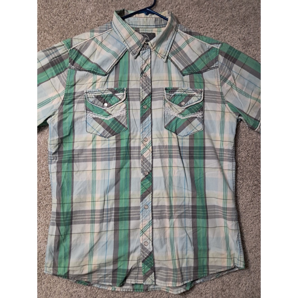 BKE Shirt Mens L Green Plaid Slim Fit Short Sleeve Western Snap 11257NM - Picture 2 of 13